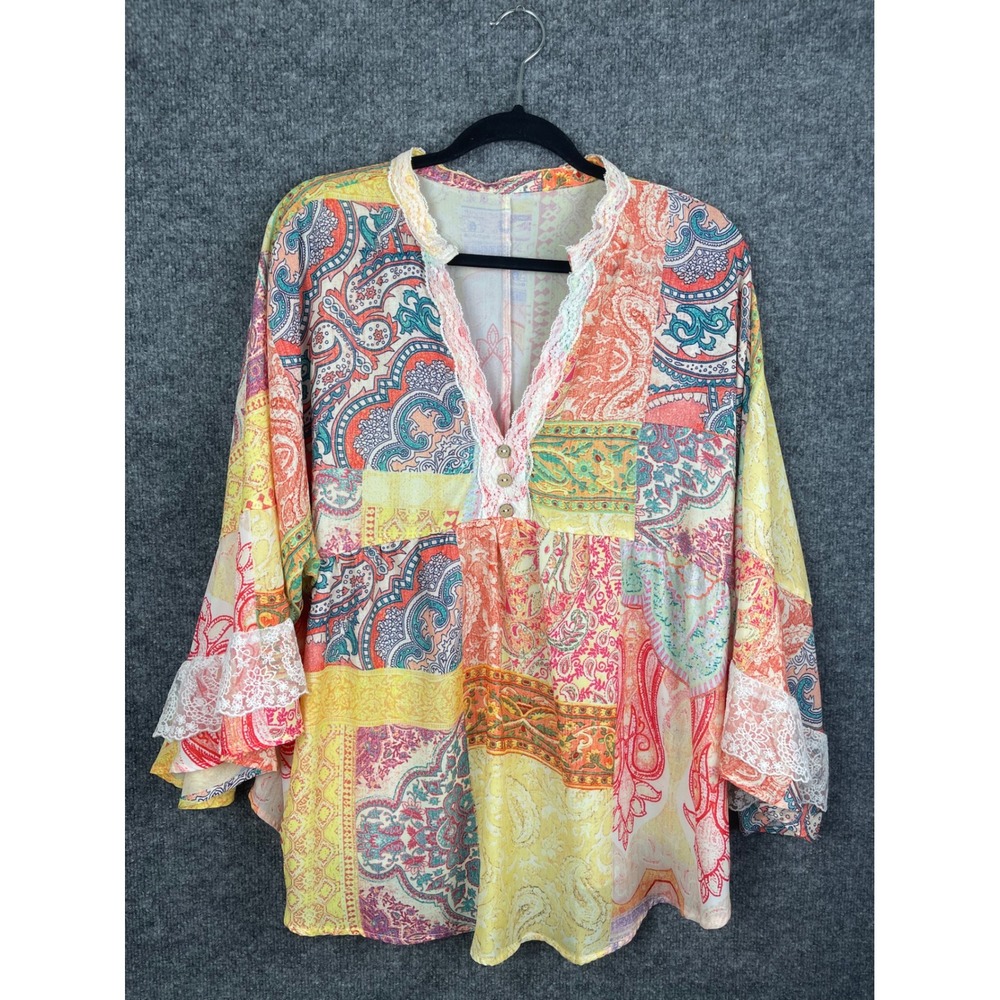 Paisley Patchwork Tunic Women L Yellow Good Lace Bell Sleeve Top